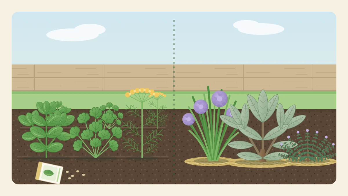 Young basil, cilantro and dill in fresh rows beside large established clumps of chives, sage and thyme with woody bases
