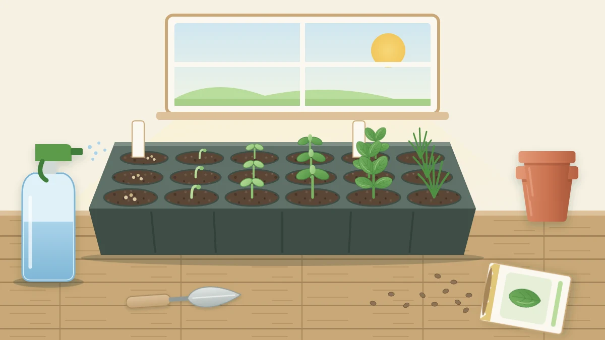 A seed-starting tray with tiny green herb seedlings at different stages beside blank plant markers, an open seed packet and a spray bottle