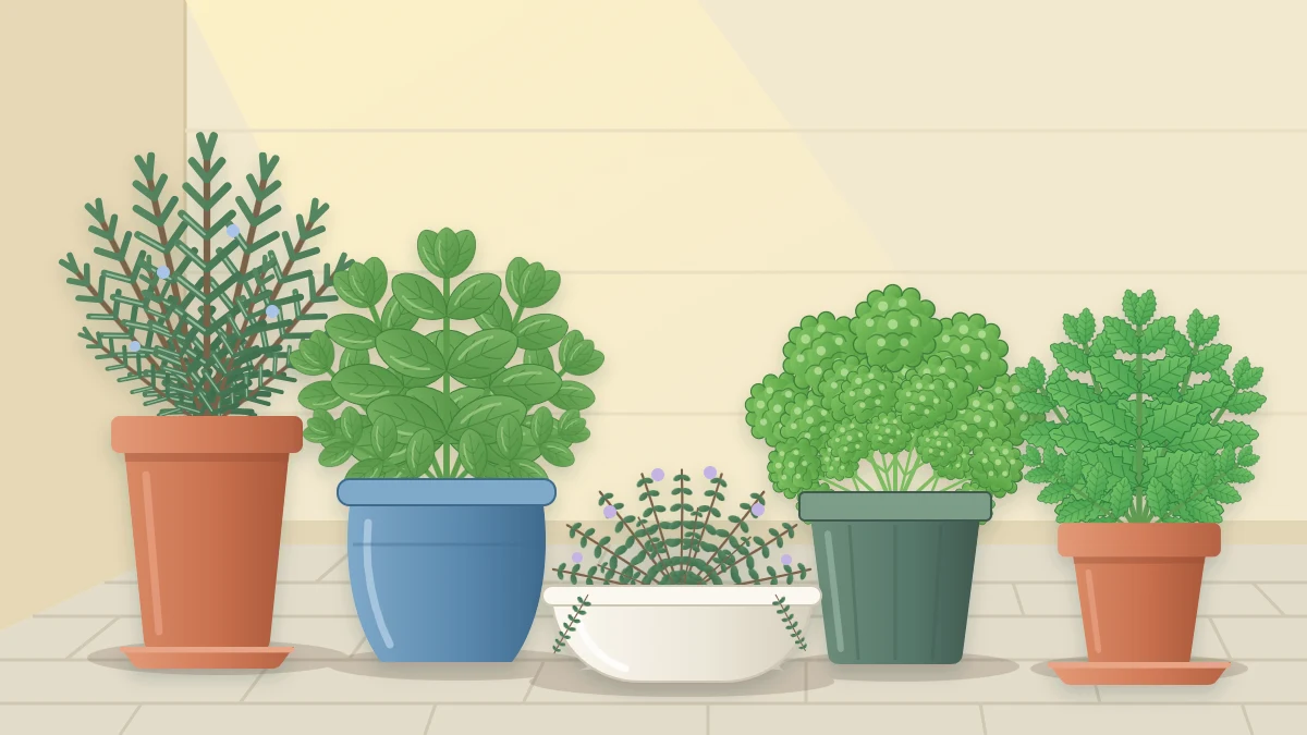 A sunny patio corner with five pots of rosemary, basil, thyme, parsley and mint in different sizes and materials