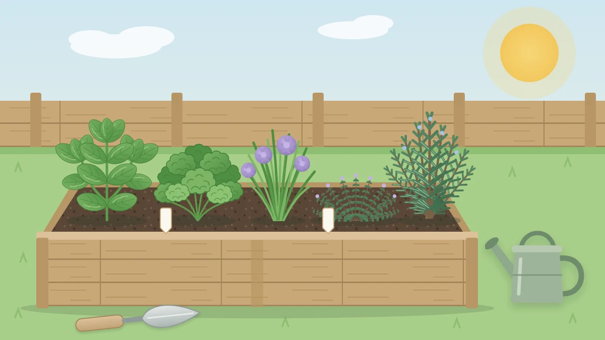 Small sunny raised herb bed with basil, curly parsley, flowering chives, thyme and rosemary beside a trowel and watering can