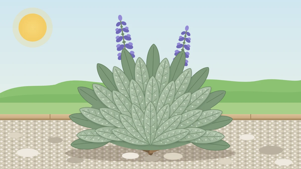 A rounded culinary sage bush with gray-green pebbled leaves and two violet-blue flower spikes in a sunny gravel-mulched bed