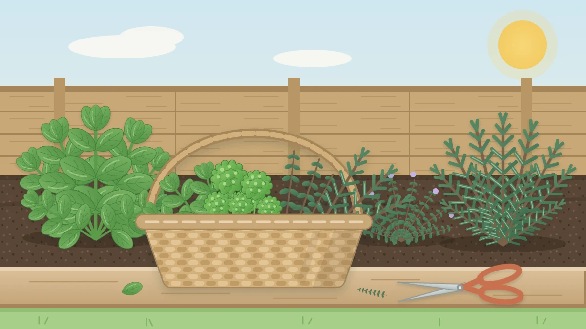 A shallow woven basket of freshly cut basil, parsley, thyme and rosemary beside small garden snips on the edge of a garden bed