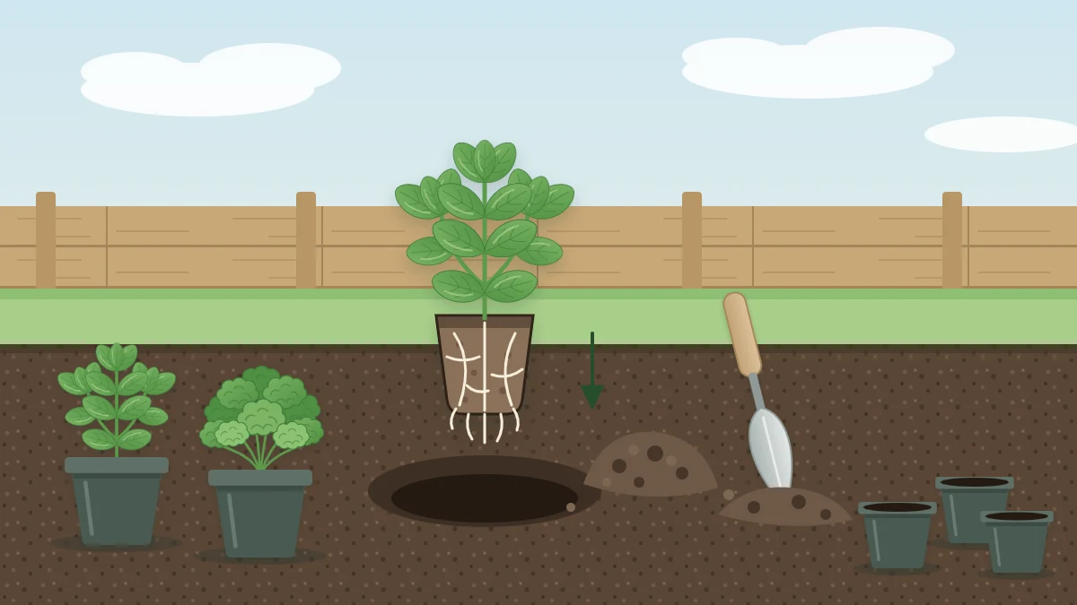 A young basil seedling with its root ball held above a planting hole in a garden bed, a trowel in the soil and more seedlings waiting