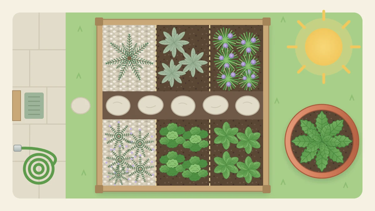 Top-down plan of a square herb bed in planting blocks with a stepping-stone path and a separate round pot of mint outside