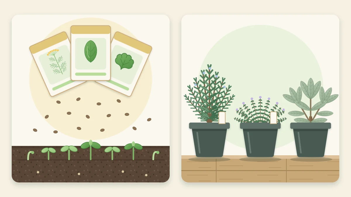 Seed packets with scattered seeds and tiny sprouts on the left, and young rosemary, thyme and sage plants in nursery pots on the right